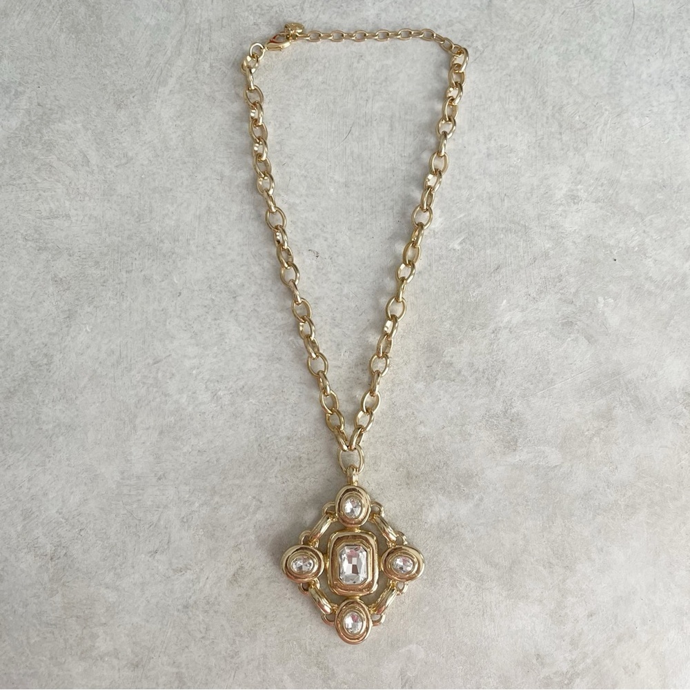 Rjg Graziano Statement Necklace Gold Tone Clear Crystal Long 49$